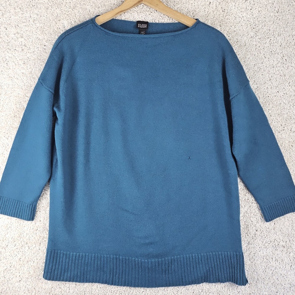 Eileen Fisher 100% Merino Wool Italian Yarn Teal Pullover Sweater Sz XL